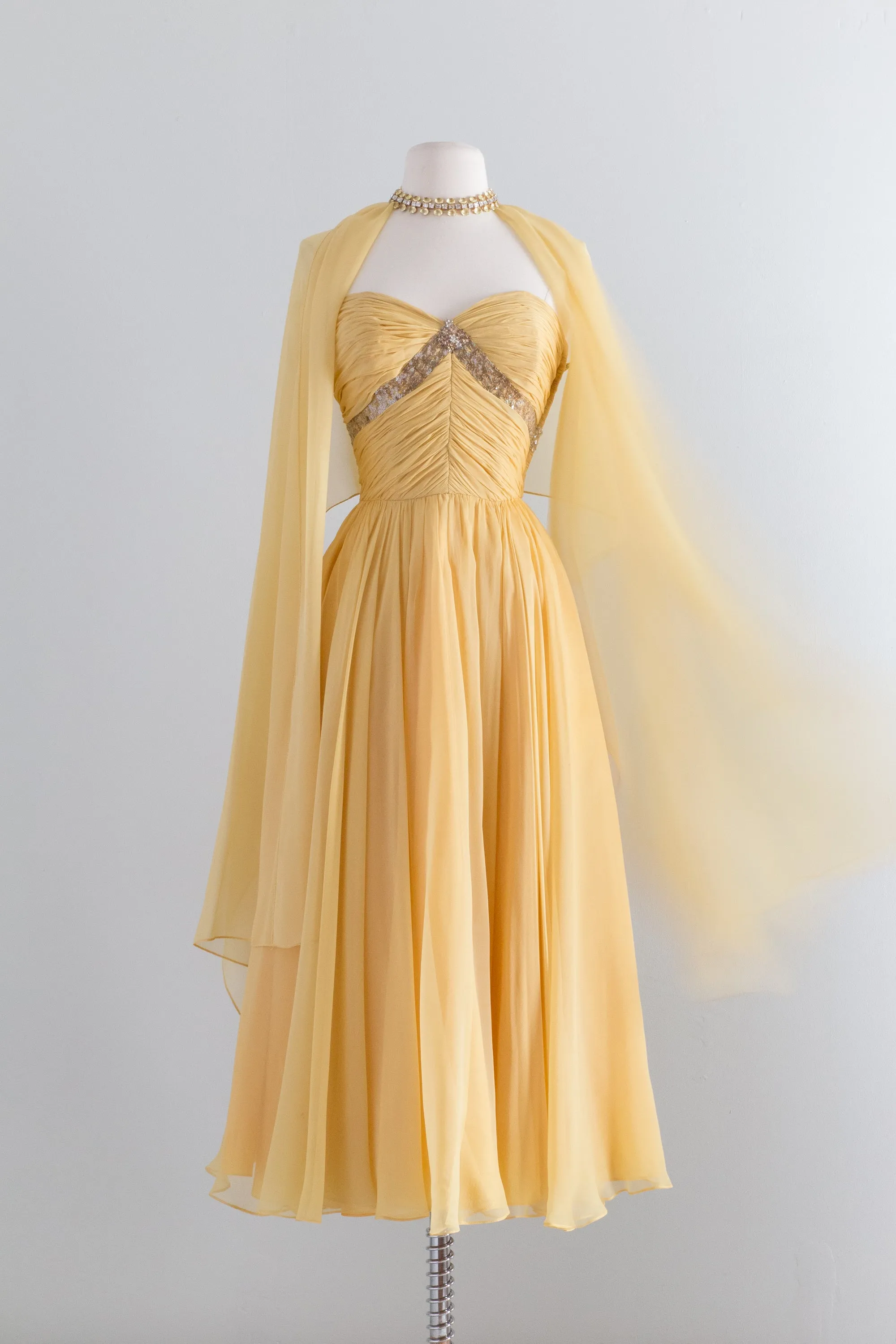 1950's Sunbeam Silk Chiffon Strapless Dress By Frank Starr / Waist 24"