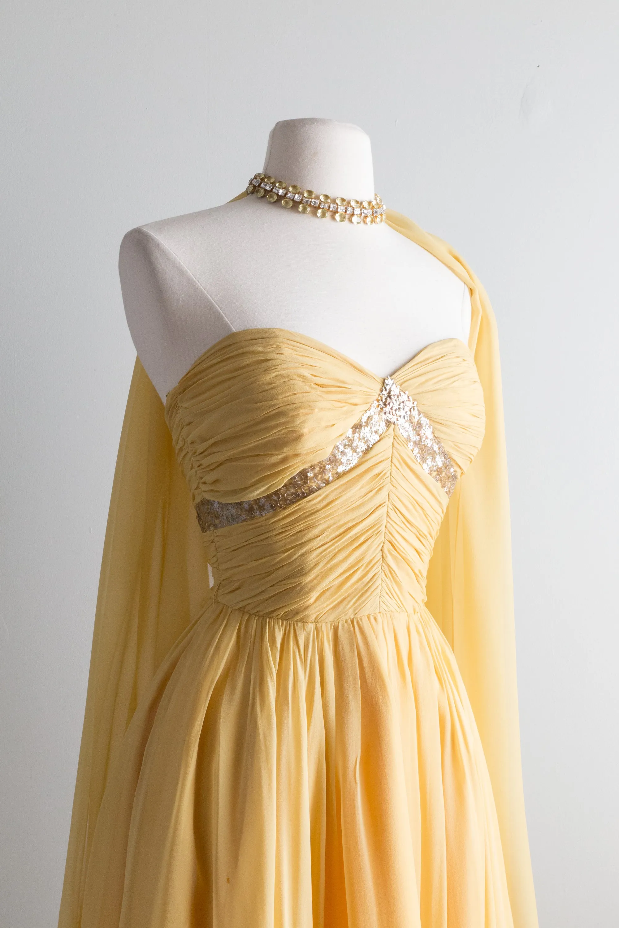 1950's Sunbeam Silk Chiffon Strapless Dress By Frank Starr / Waist 24"