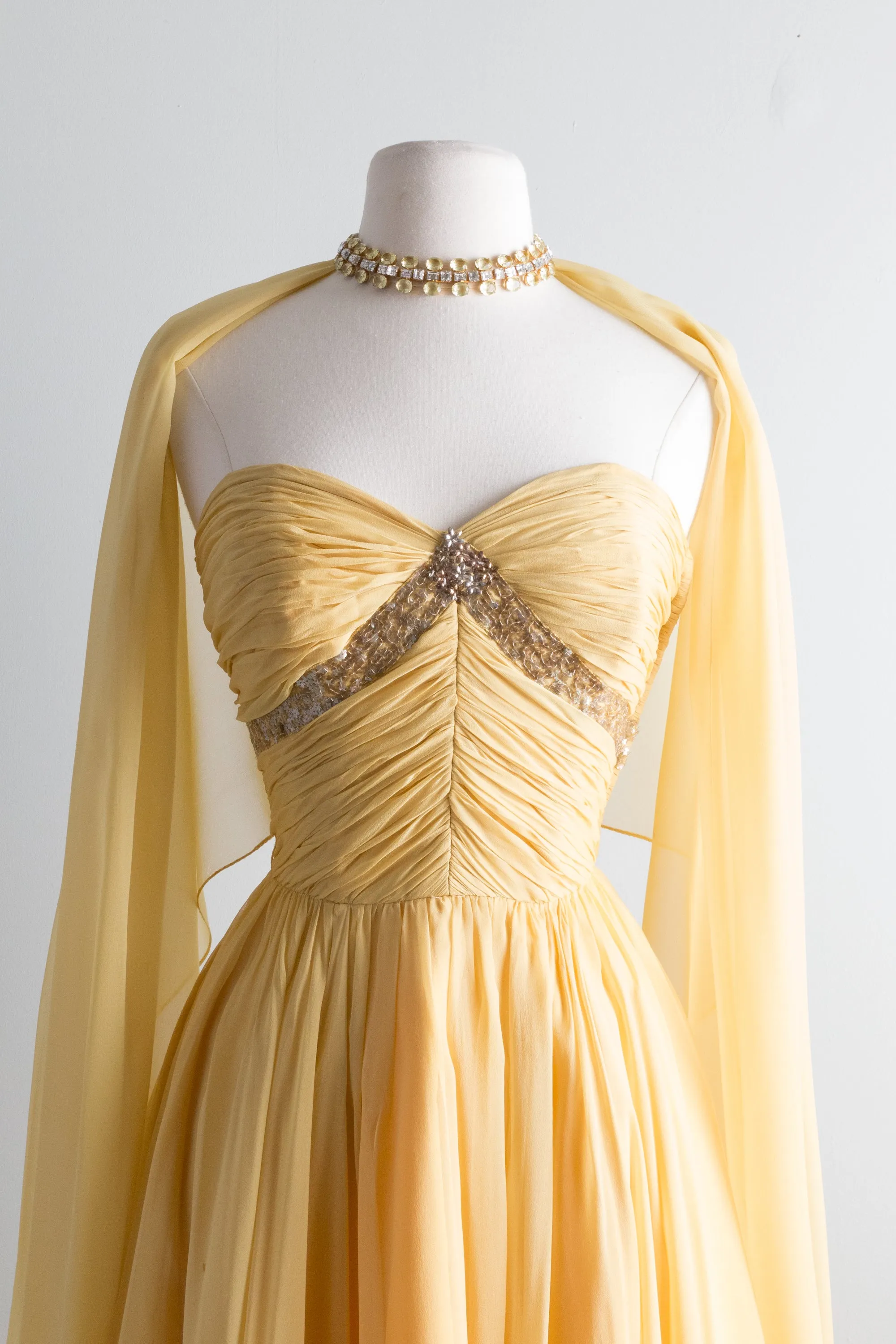1950's Sunbeam Silk Chiffon Strapless Dress By Frank Starr / Waist 24"
