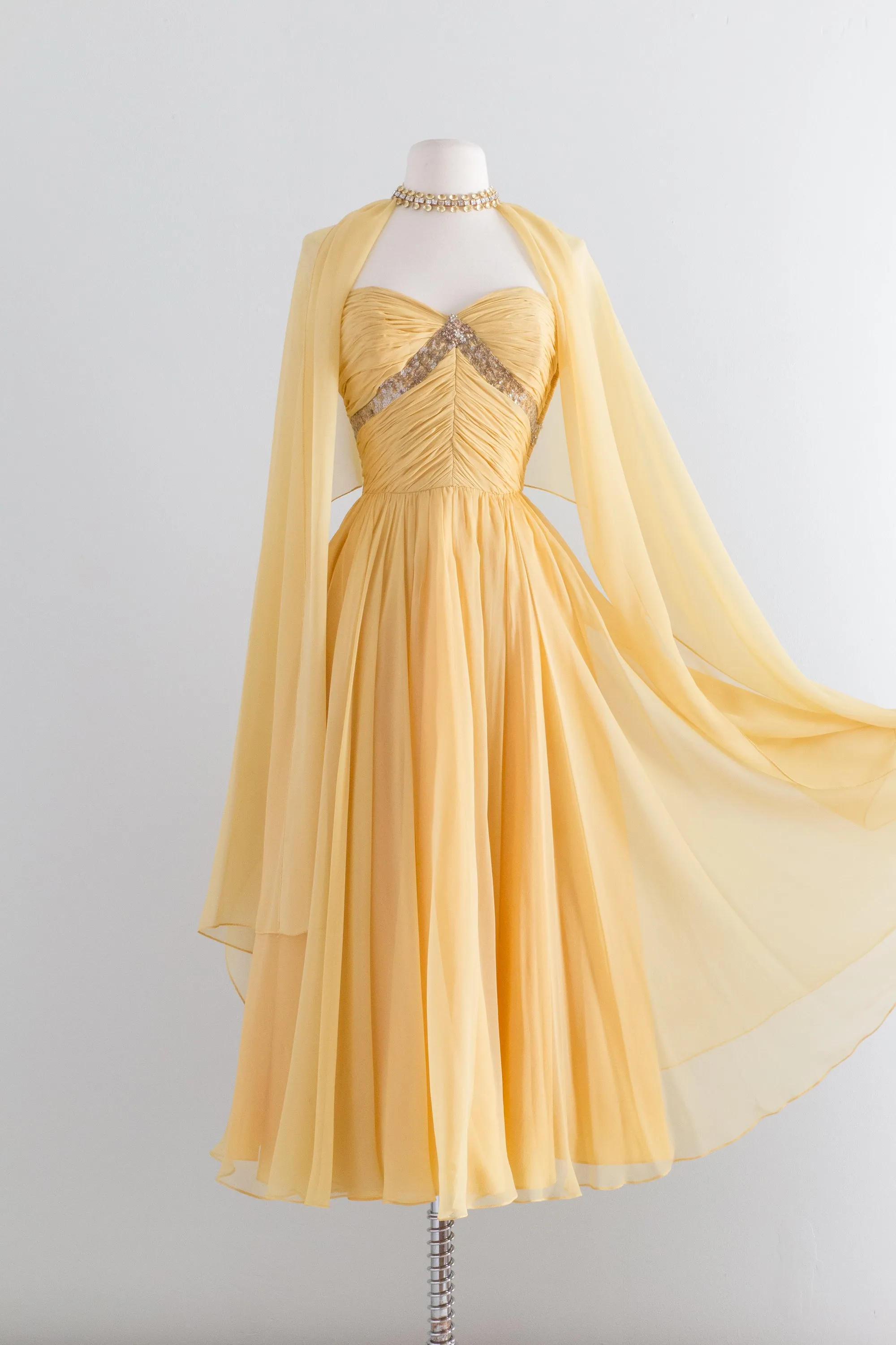 1950's Sunbeam Silk Chiffon Strapless Dress By Frank Starr / Waist 24"