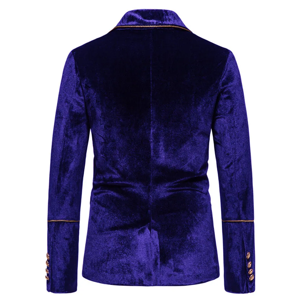 2-Piece Velvet Trimmed Solid Double-Breasted Dress Suit Blue