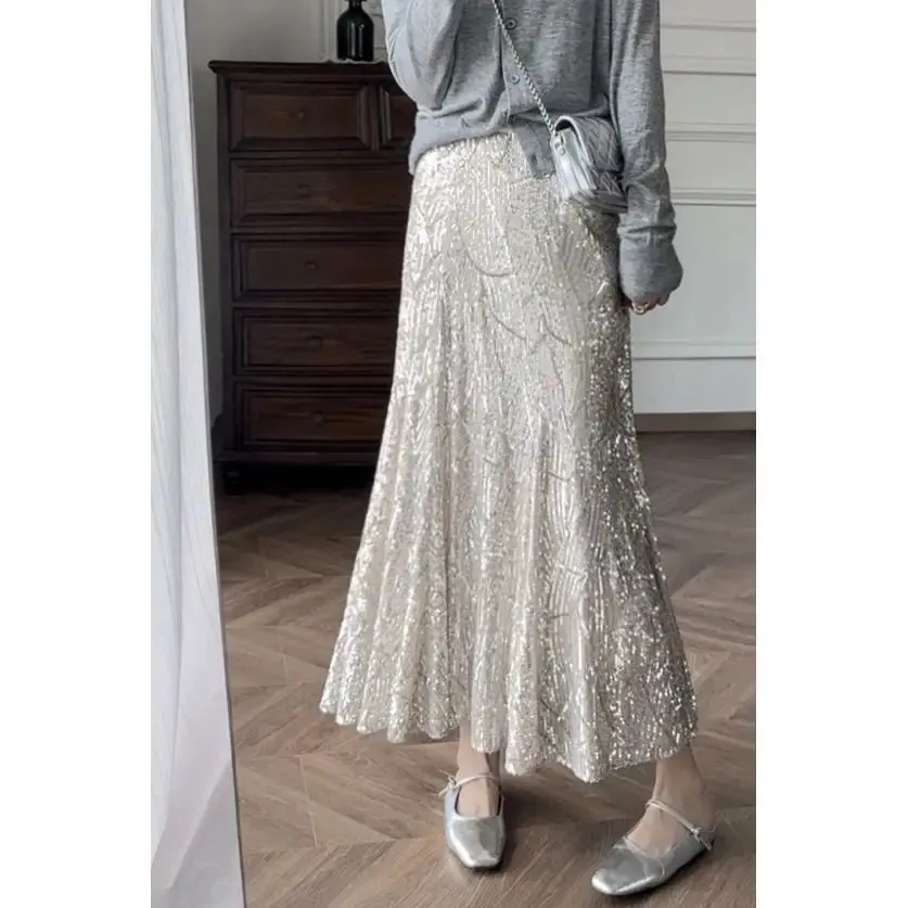Advbridge -  Silver Sequin A-line Fishtail Skirt Vintage Skirts for Woman Long Dress Korean Fashion Y2k Clothing Faldas Para Mujeres