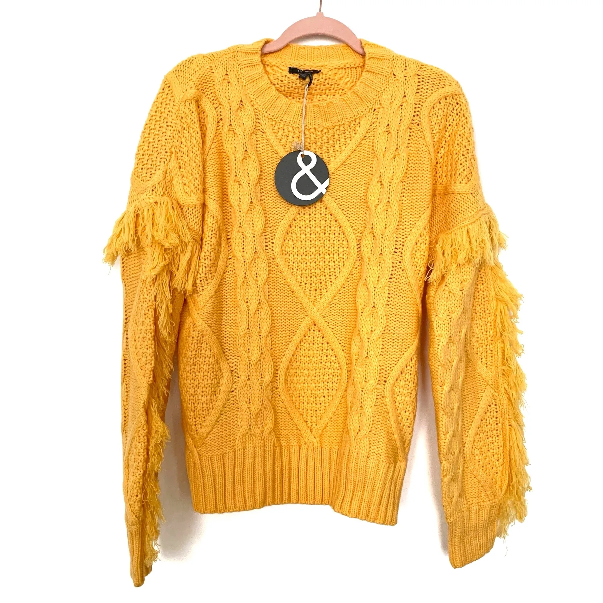 & Merci Mustard Yellow Cable Knit And Fringe Sleeve Sweater NWT- Size S