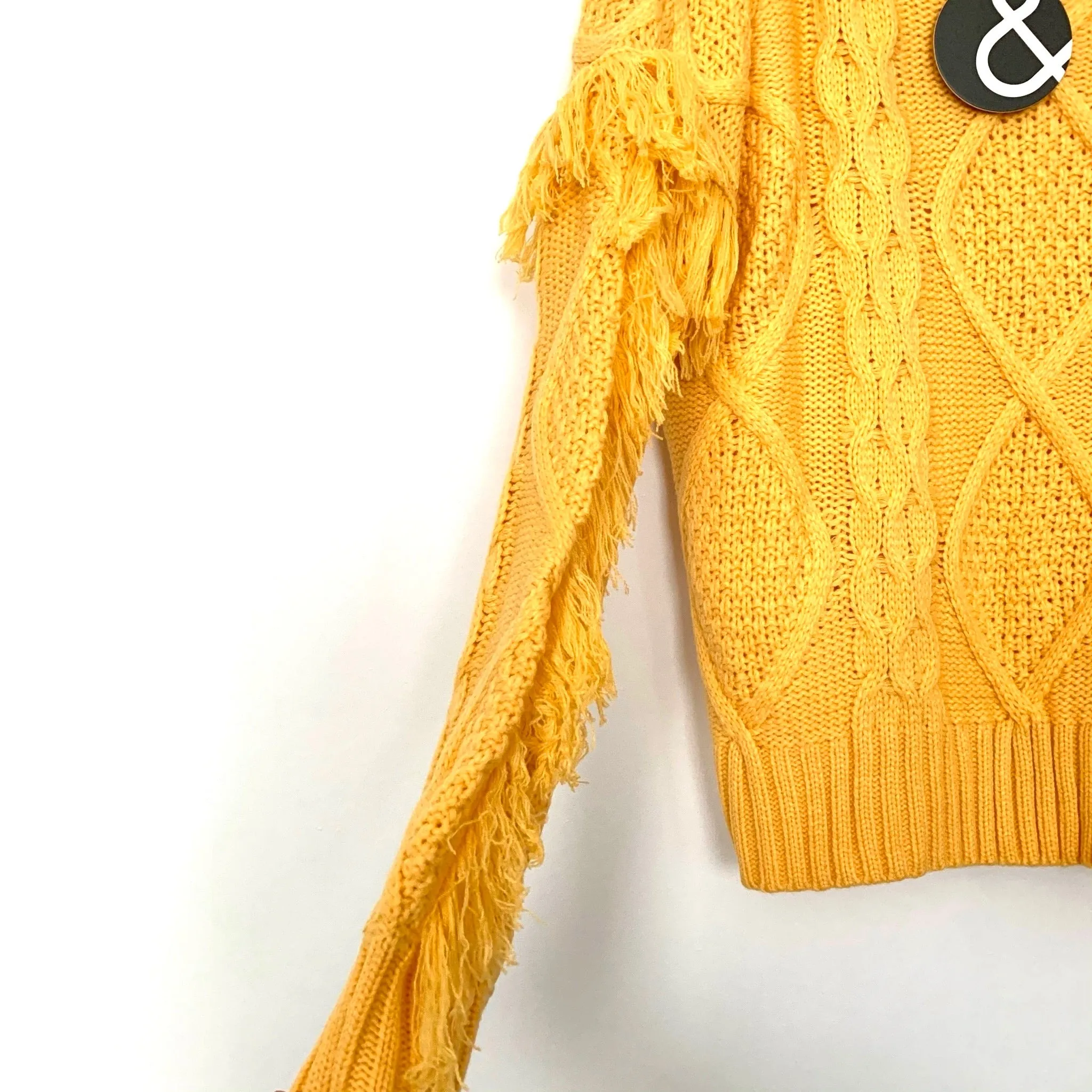 & Merci Mustard Yellow Cable Knit And Fringe Sleeve Sweater NWT- Size S