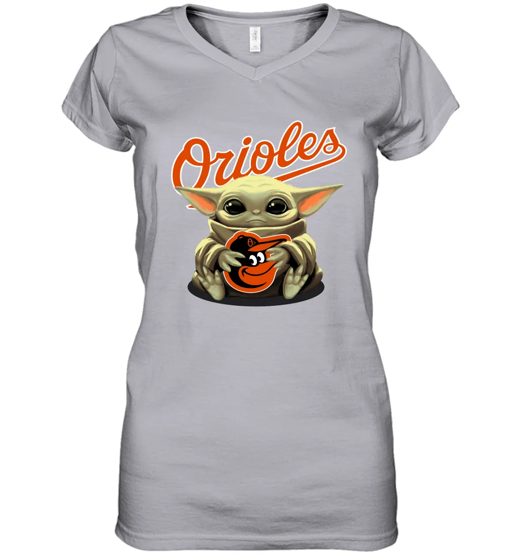 Baby Yoda Hugs Loves The Baltimore Orioles Baseball Womens V-Neck T-Shirt