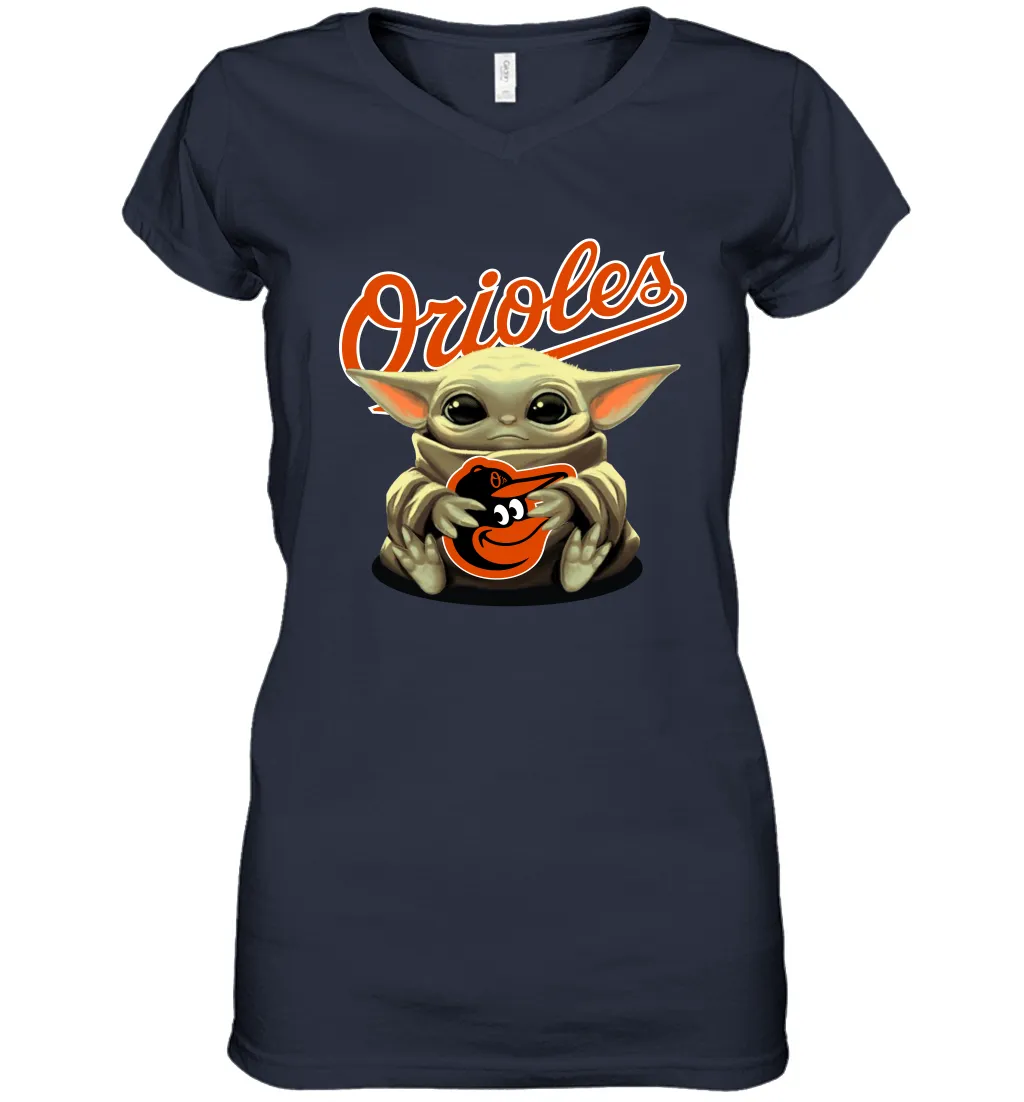 Baby Yoda Hugs Loves The Baltimore Orioles Baseball Womens V-Neck T-Shirt