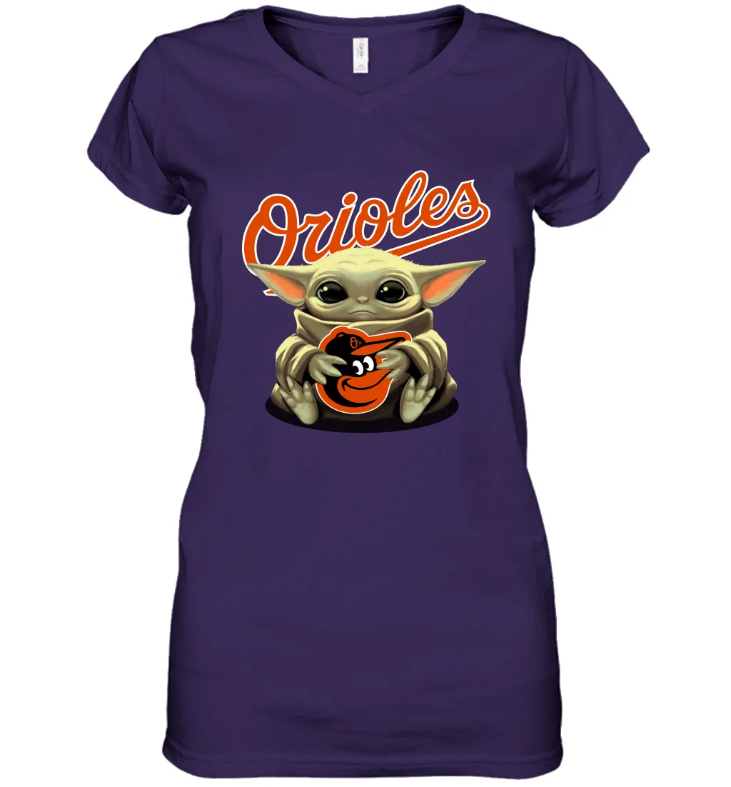Baby Yoda Hugs Loves The Baltimore Orioles Baseball Womens V-Neck T-Shirt