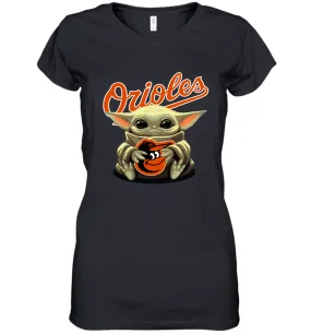 Baby Yoda Hugs Loves The Baltimore Orioles Baseball Womens V-Neck T-Shirt