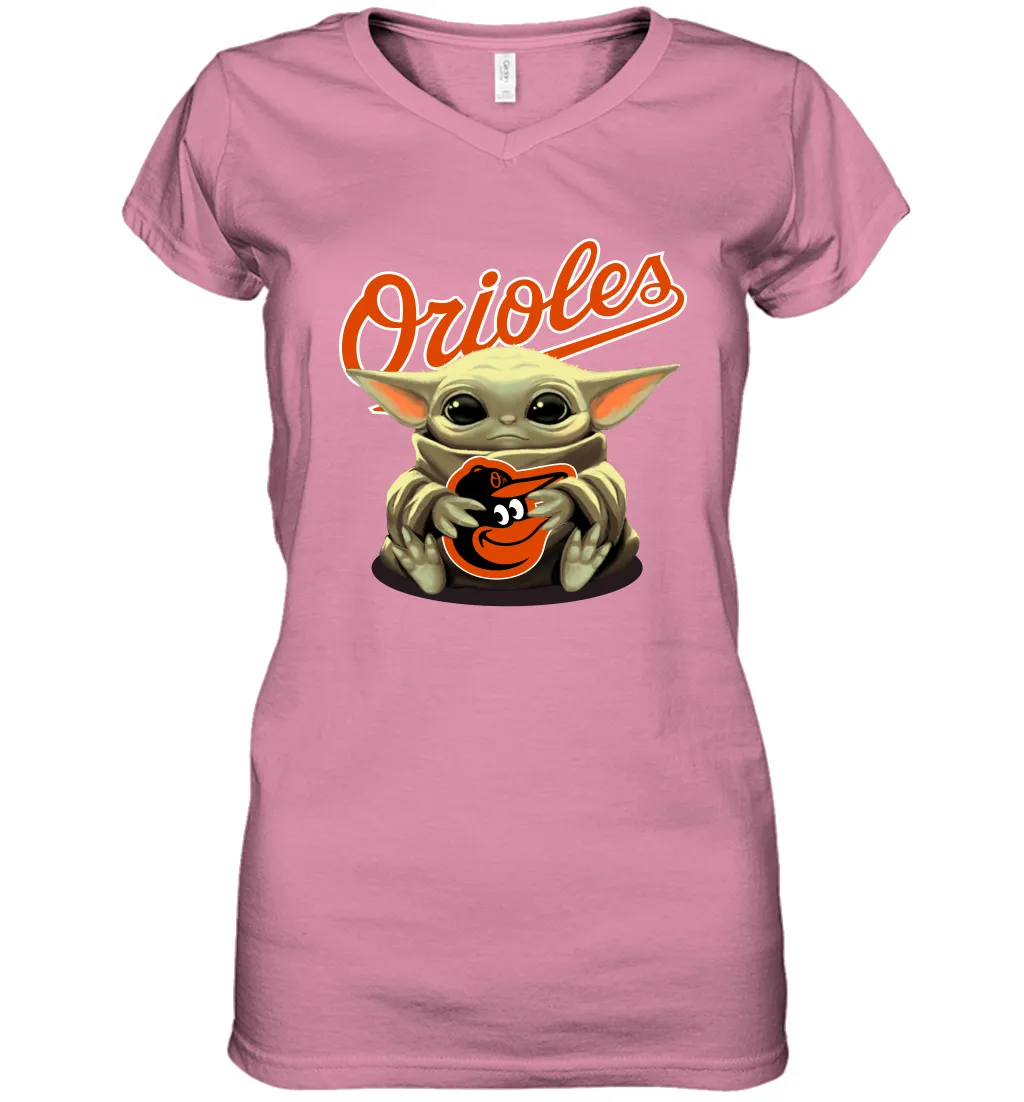 Baby Yoda Hugs Loves The Baltimore Orioles Baseball Womens V-Neck T-Shirt