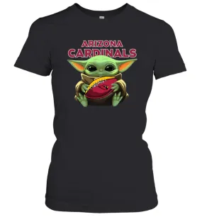 Baby Yoda Loves The Arizona Cardinals Star Wars Baby Yoda Hugs Cardinals NFL Womens T-Shirt