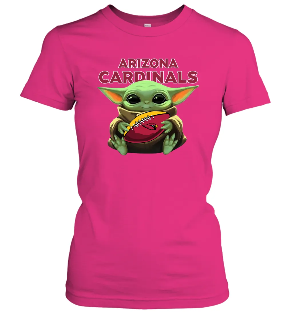 Baby Yoda Loves The Arizona Cardinals Star Wars Baby Yoda Hugs Cardinals NFL Womens T-Shirt