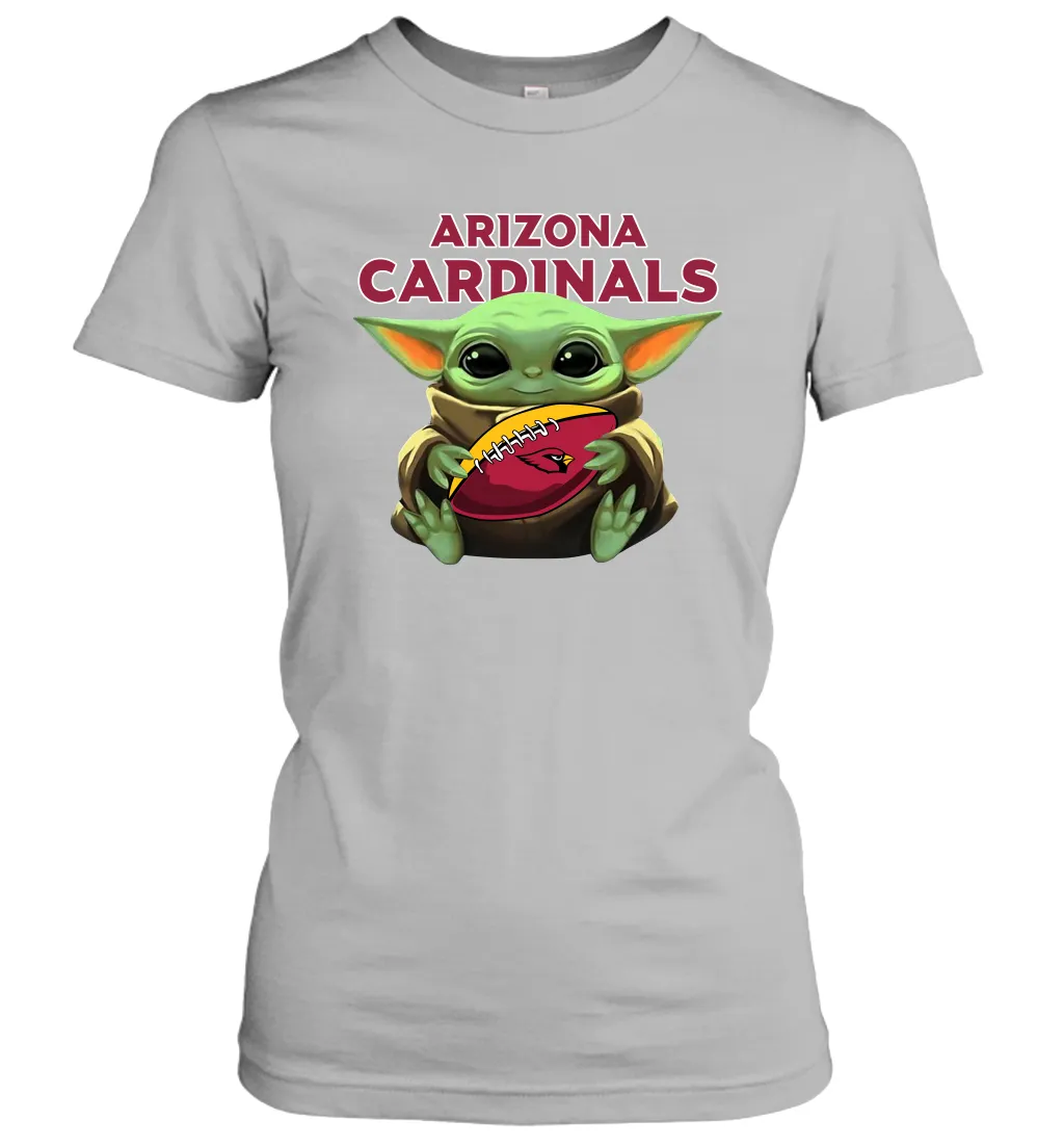Baby Yoda Loves The Arizona Cardinals Star Wars Baby Yoda Hugs Cardinals NFL Womens T-Shirt