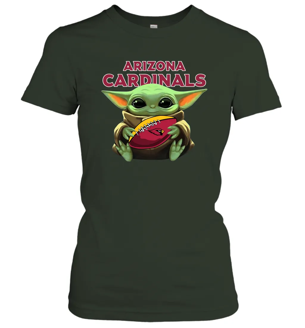Baby Yoda Loves The Arizona Cardinals Star Wars Baby Yoda Hugs Cardinals NFL Womens T-Shirt
