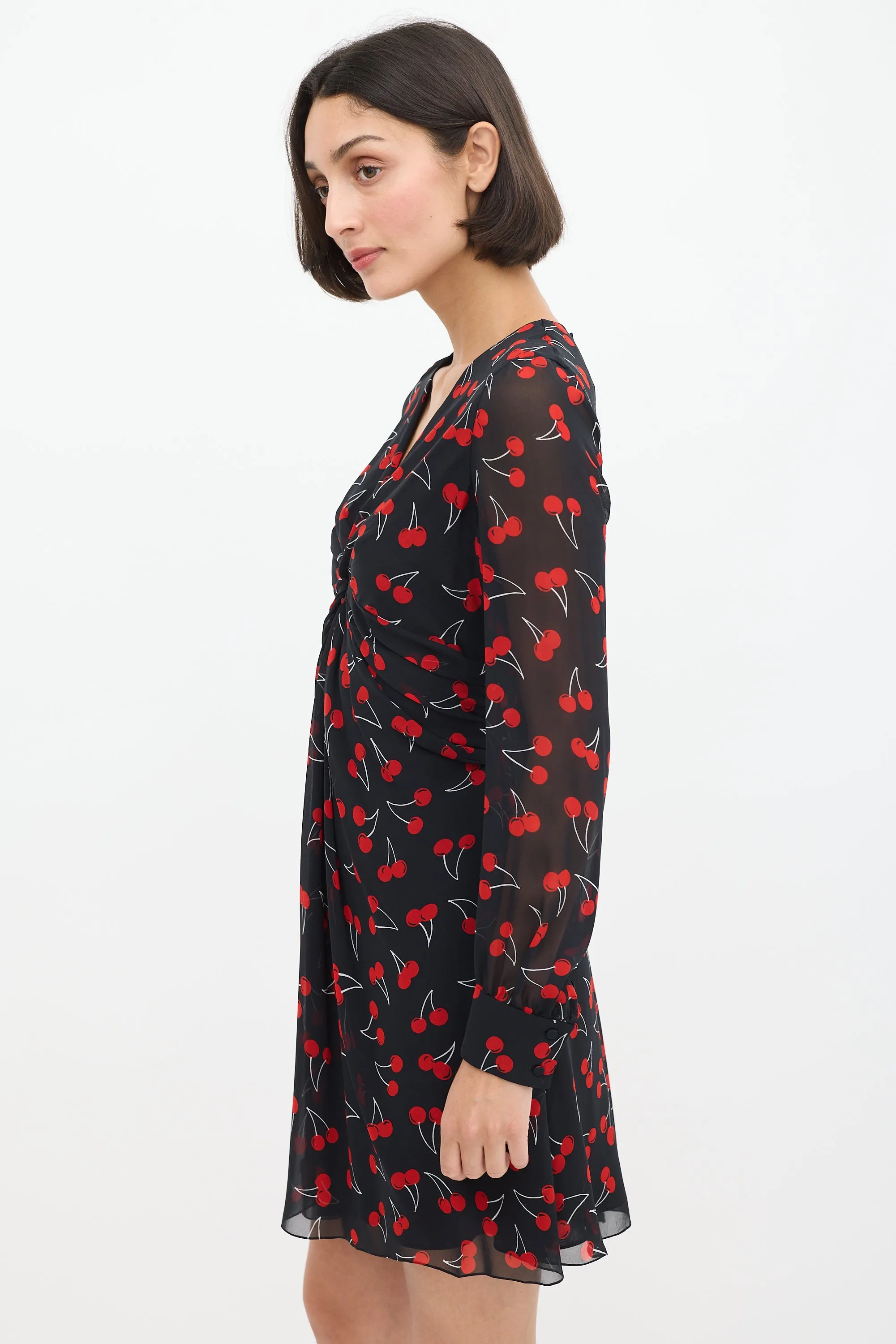 Black & Red Silk Printed Twisted Front Dress