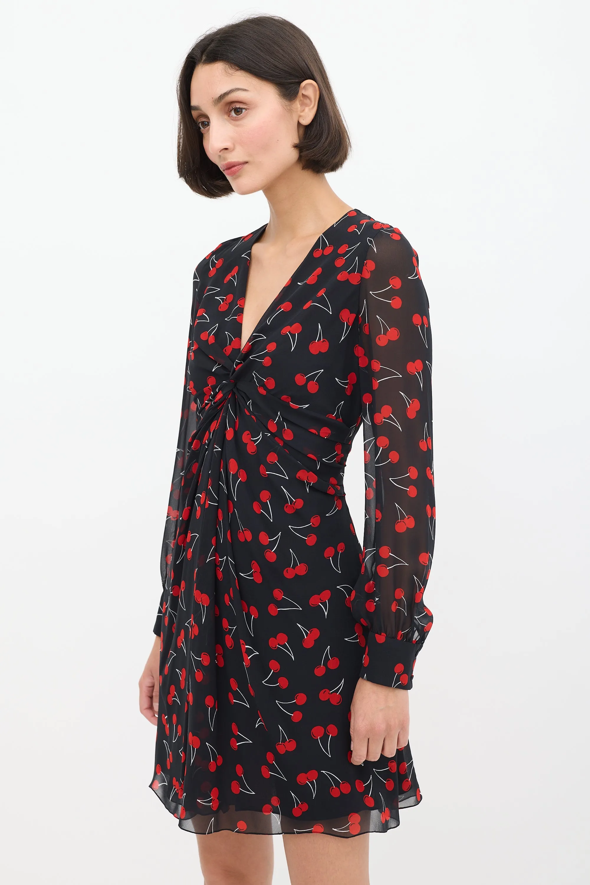 Black & Red Silk Printed Twisted Front Dress