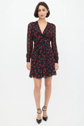 Black & Red Silk Printed Twisted Front Dress