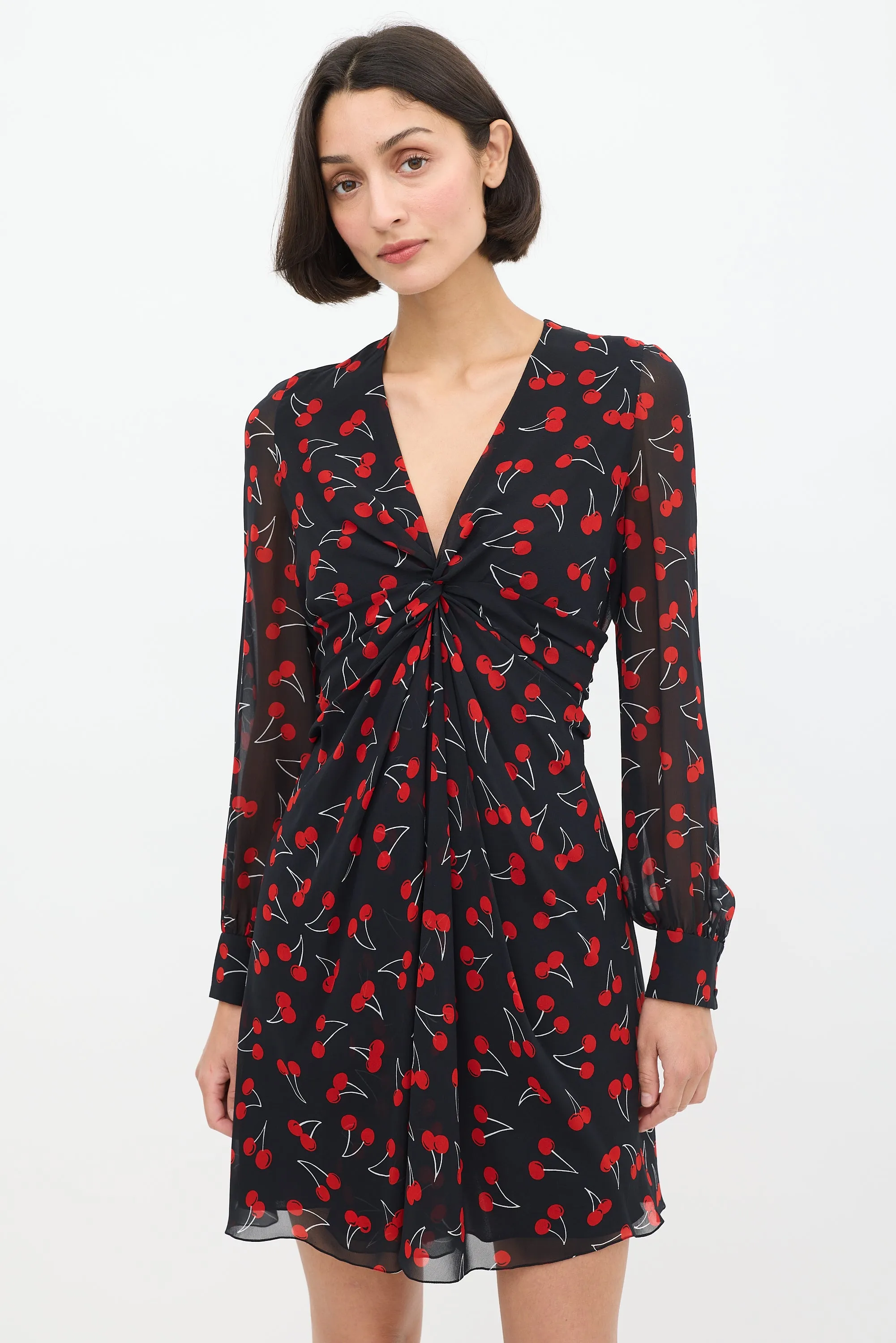 Black & Red Silk Printed Twisted Front Dress