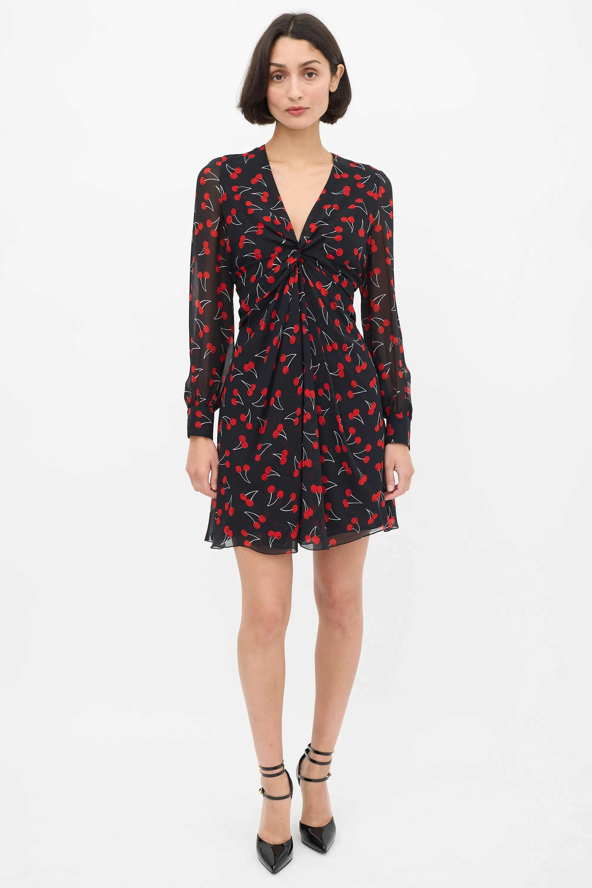 Black & Red Silk Printed Twisted Front Dress