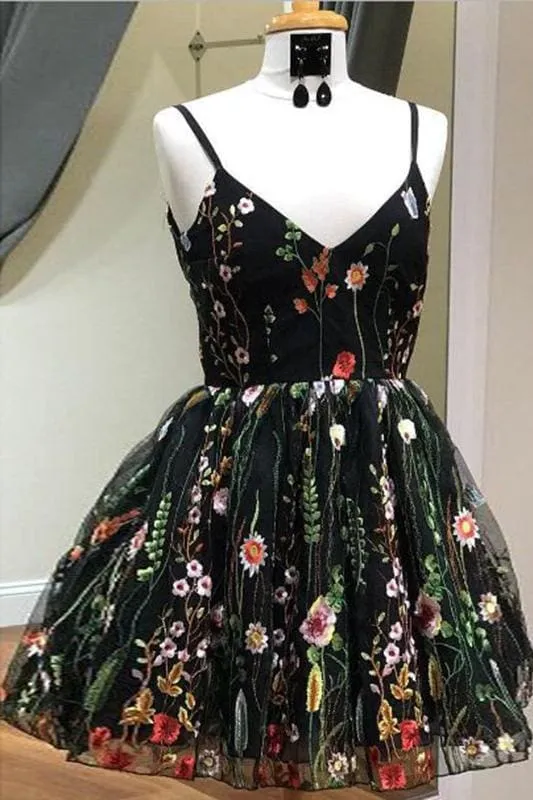 Black Spaghetti Strap Cheap Tulle Homecoming Dress with Lace