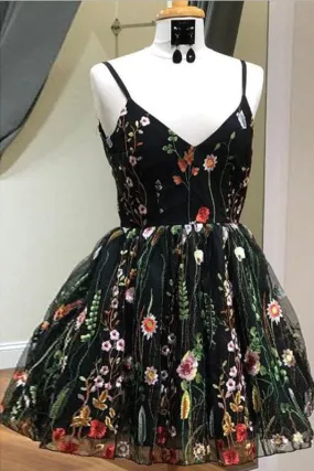 Black Spaghetti Strap Cheap Tulle Homecoming Dress with Lace