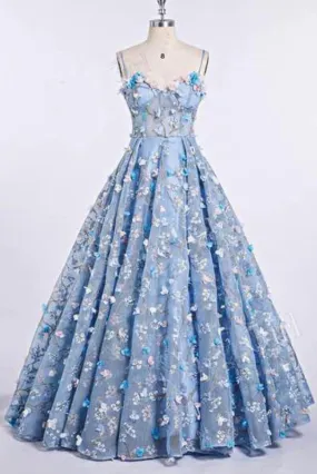 Blue Lace Spaghetti Strap 3D Flowers Applique Prom Dress Ball Gowns
