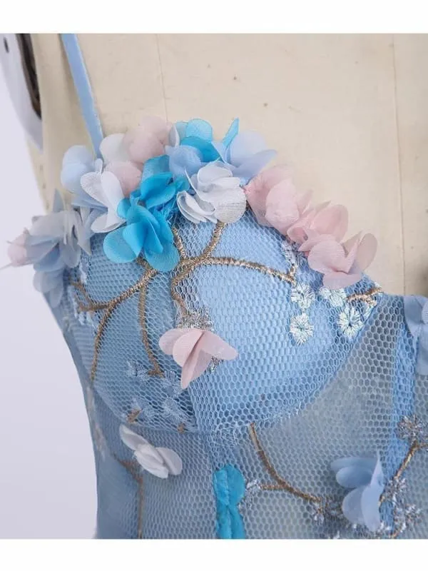 Blue Lace Spaghetti Strap 3D Flowers Applique Prom Dress Ball Gowns
