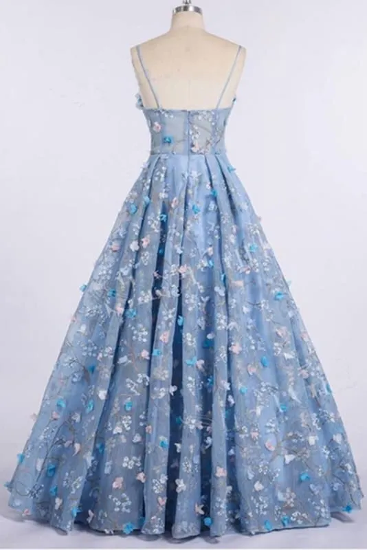 Blue Lace Spaghetti Strap 3D Flowers Applique Prom Dress Ball Gowns