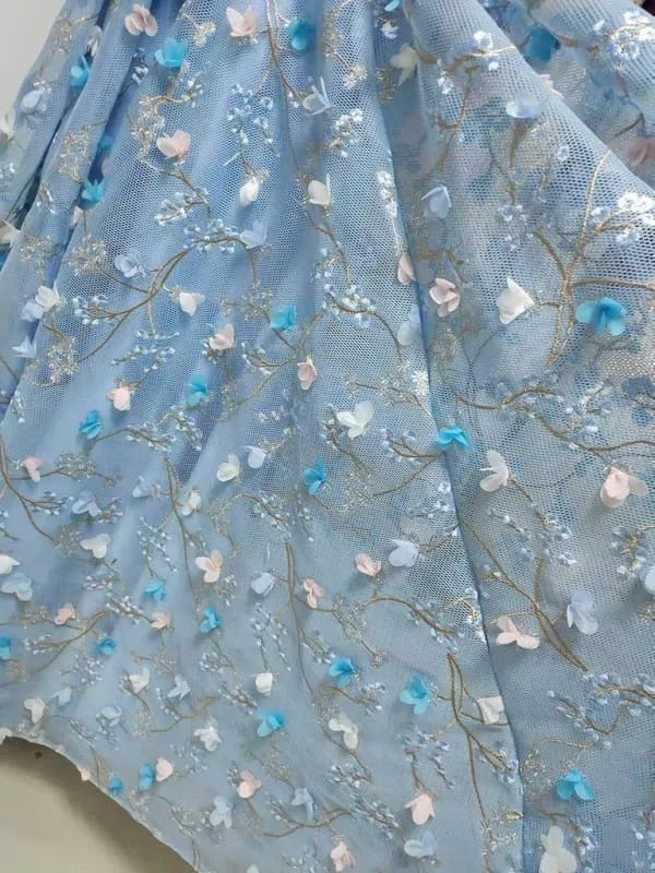 Blue Lace Spaghetti Strap 3D Flowers Applique Prom Dress Ball Gowns