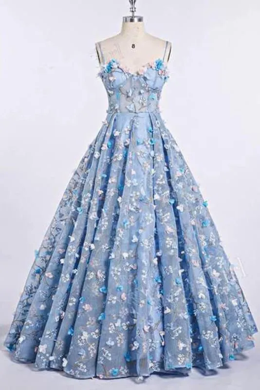 Blue Lace Spaghetti Strap 3D Flowers Applique Prom Dress Ball Gowns