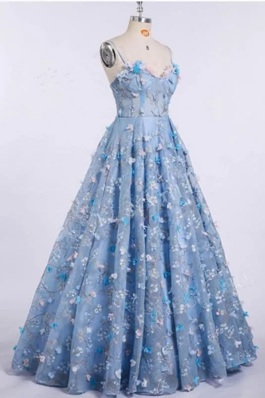 Blue Lace Spaghetti Strap 3D Flowers Applique Prom Dress Ball Gowns