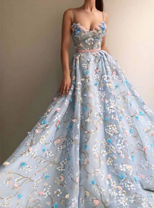 Blue Lace Spaghetti Strap 3D Flowers Applique Prom Dress Ball Gowns