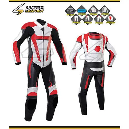 Bobbie's red, white and black  motorcycle leather suit