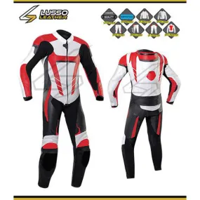 Bobbie's red, white and black  motorcycle leather suit
