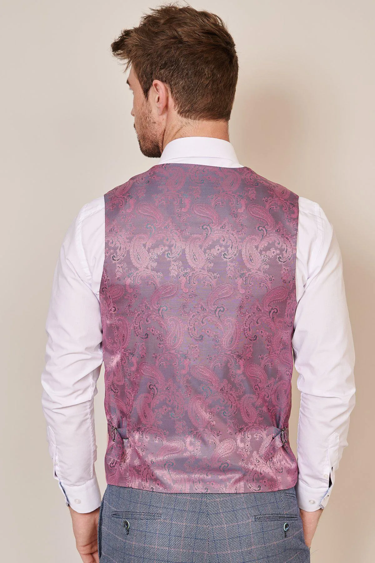 BROMLEY - Stone Check Suit with Kelvin Pink Waistcoat