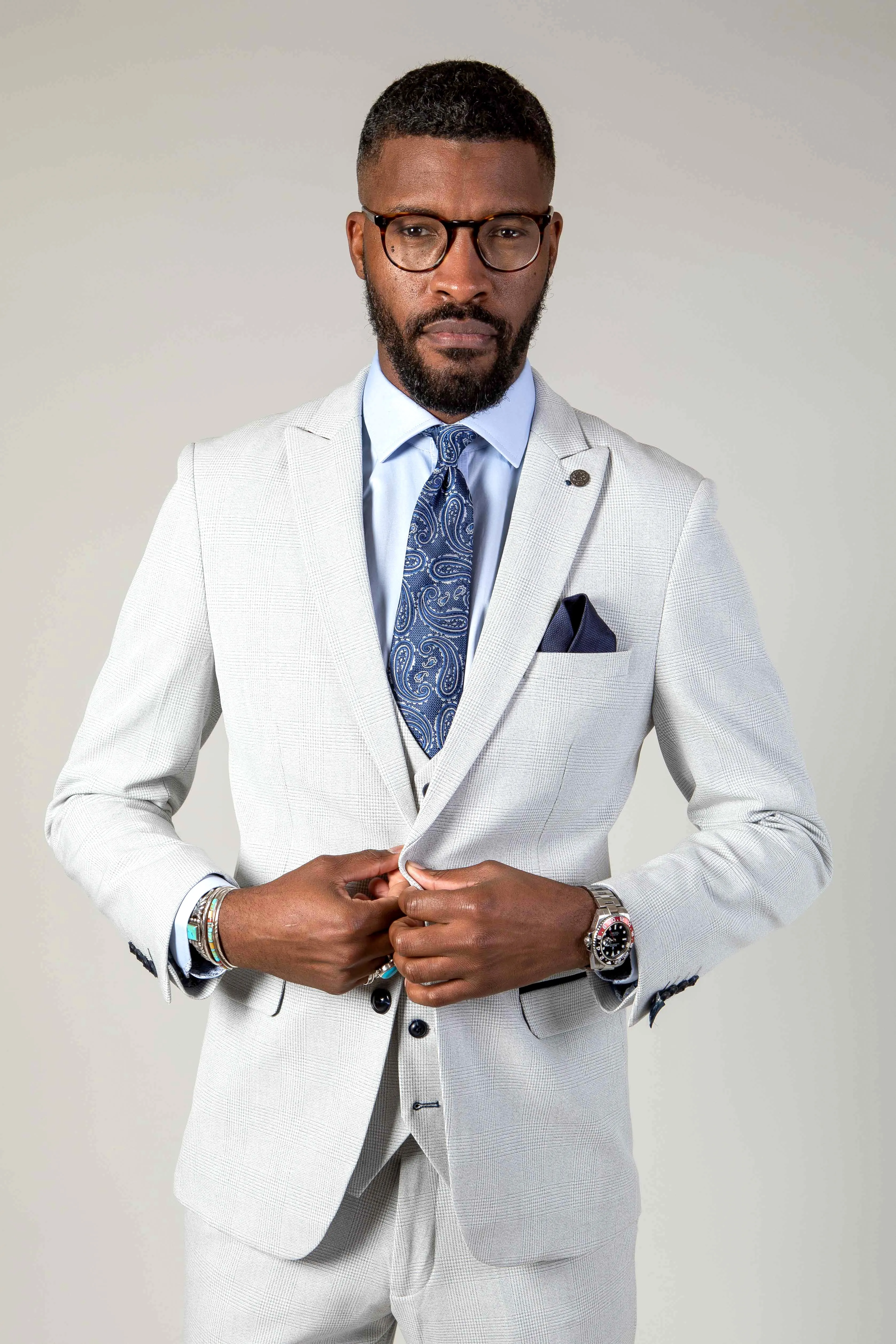 BROMLEY - Stone Check Suit with Kelvin Pink Waistcoat