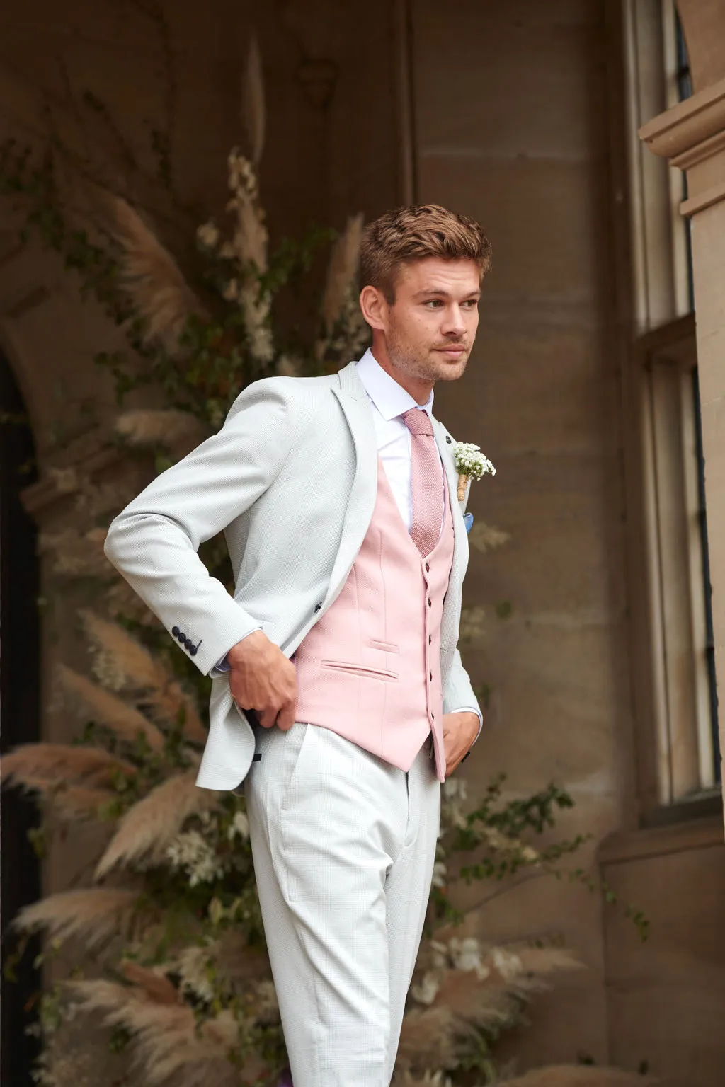 BROMLEY - Stone Check Suit with Kelvin Pink Waistcoat