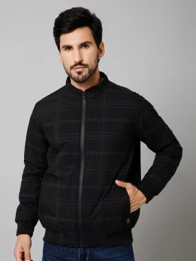 Cantabil Checkered Full Sleeves Mock Collar Regular Fit Black Casual Jacket For Men