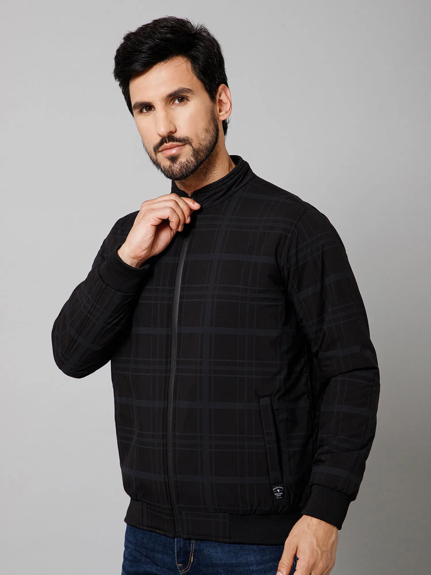 Cantabil Checkered Full Sleeves Mock Collar Regular Fit Black Casual Jacket For Men