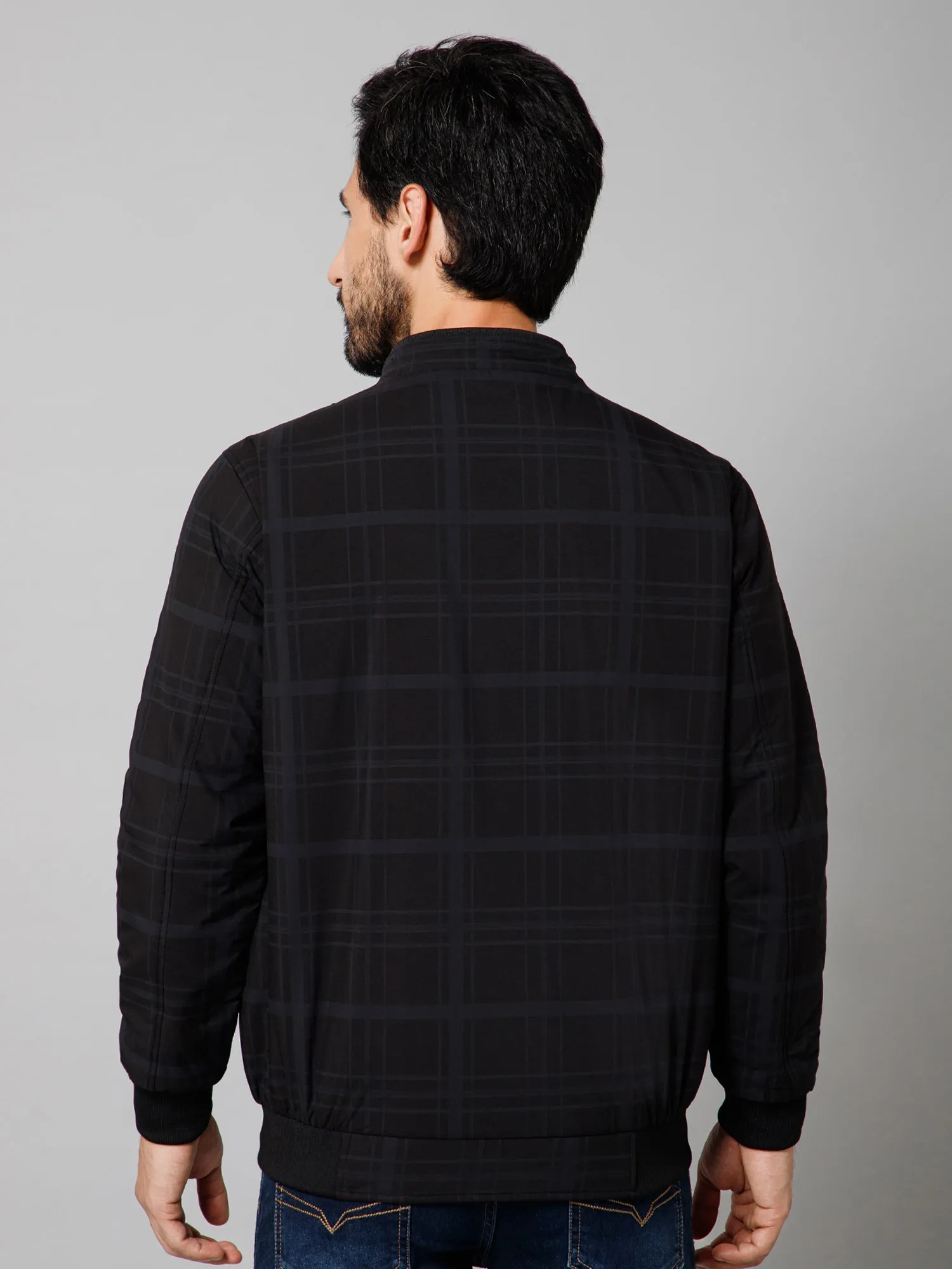 Cantabil Checkered Full Sleeves Mock Collar Regular Fit Black Casual Jacket For Men