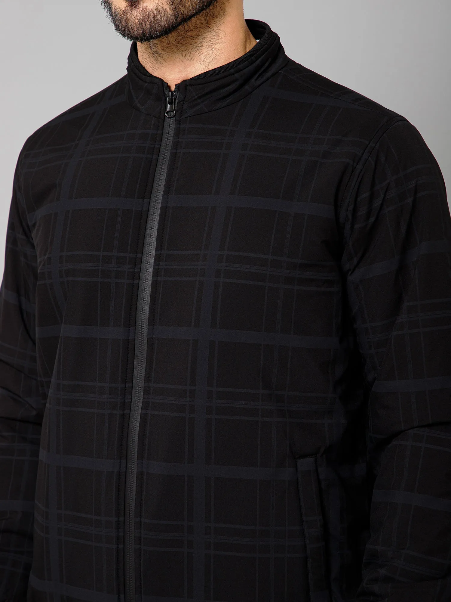 Cantabil Checkered Full Sleeves Mock Collar Regular Fit Black Casual Jacket For Men