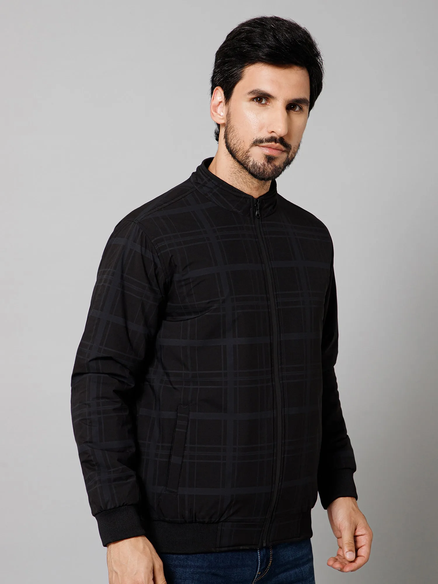 Cantabil Checkered Full Sleeves Mock Collar Regular Fit Black Casual Jacket For Men