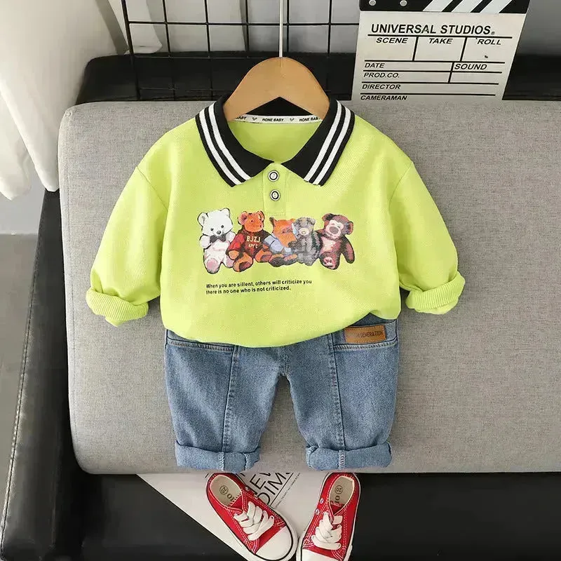Cartoon Printed Children's Hoodie Shirt And Pants Set Two piece for boys