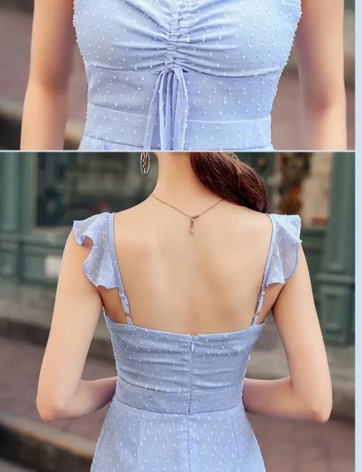 Chiffon Ruffle Dress Summer Sleeveless Spaghetti Strap Chest Drawstring Midi Dresses Women Party Elegant Split Dress