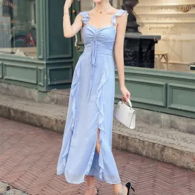 Chiffon Ruffle Dress Summer Sleeveless Spaghetti Strap Chest Drawstring Midi Dresses Women Party Elegant Split Dress