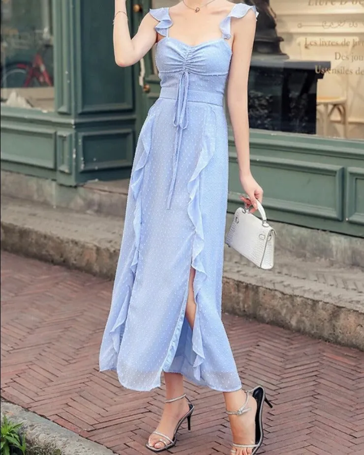 Chiffon Ruffle Dress Summer Sleeveless Spaghetti Strap Chest Drawstring Midi Dresses Women Party Elegant Split Dress