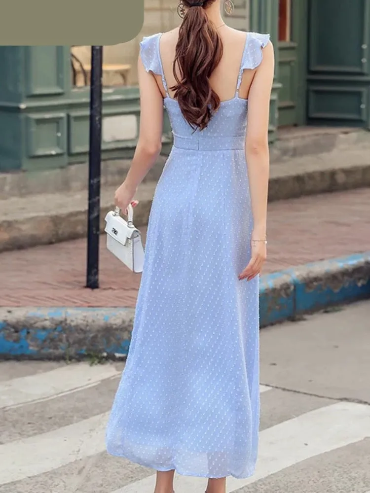 Chiffon Ruffle Dress Summer Sleeveless Spaghetti Strap Chest Drawstring Midi Dresses Women Party Elegant Split Dress