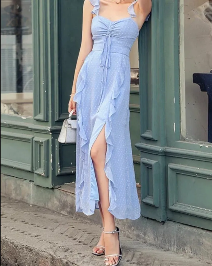 Chiffon Ruffle Dress Summer Sleeveless Spaghetti Strap Chest Drawstring Midi Dresses Women Party Elegant Split Dress