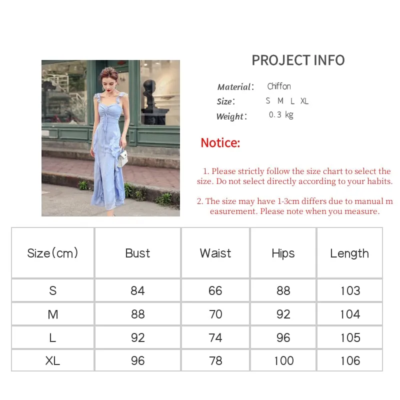 Chiffon Ruffle Dress Summer Sleeveless Spaghetti Strap Chest Drawstring Midi Dresses Women Party Elegant Split Dress