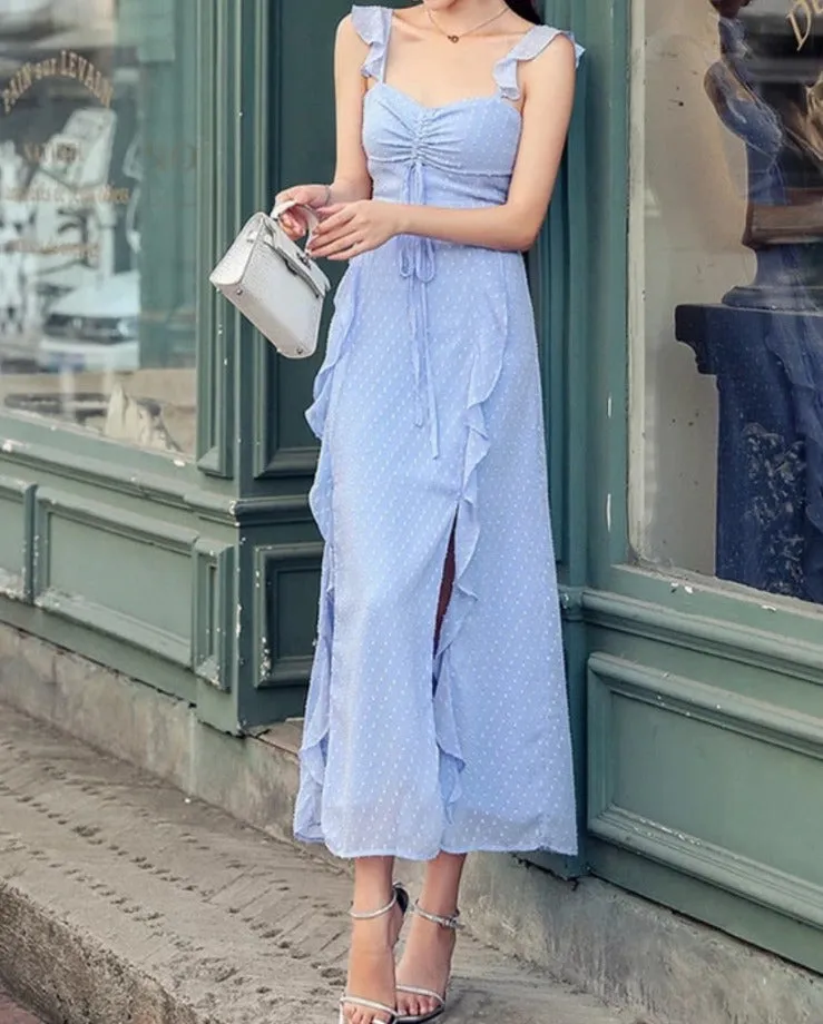 Chiffon Ruffle Dress Summer Sleeveless Spaghetti Strap Chest Drawstring Midi Dresses Women Party Elegant Split Dress