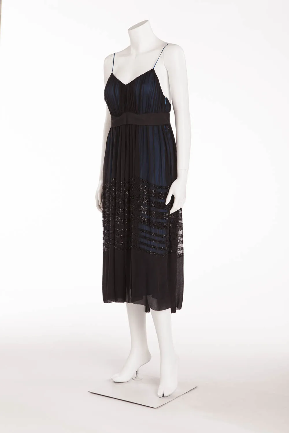 Chloe - Black Chiffon Spaghetti Dress Navy Blue Lining with Bead Trim - FR 38